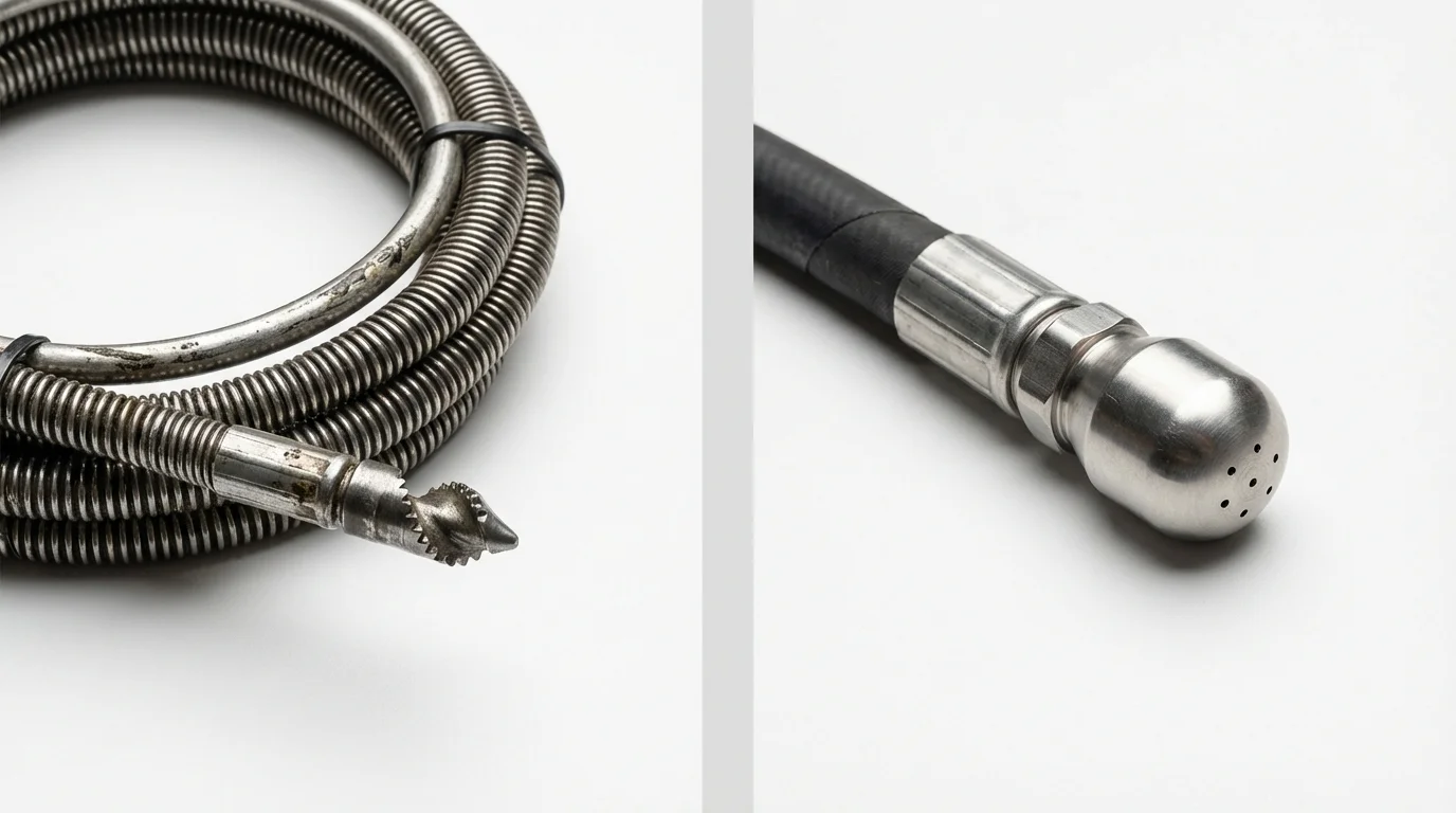 Drain snake cable and hydro jetting nozzle used for drain cleaning in Southmayd, TX